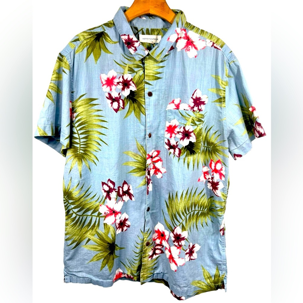 Aeropostale Men’s Button Up Floral Hawaiian Cotton Polo Shirt Blue RN154379 Sz L